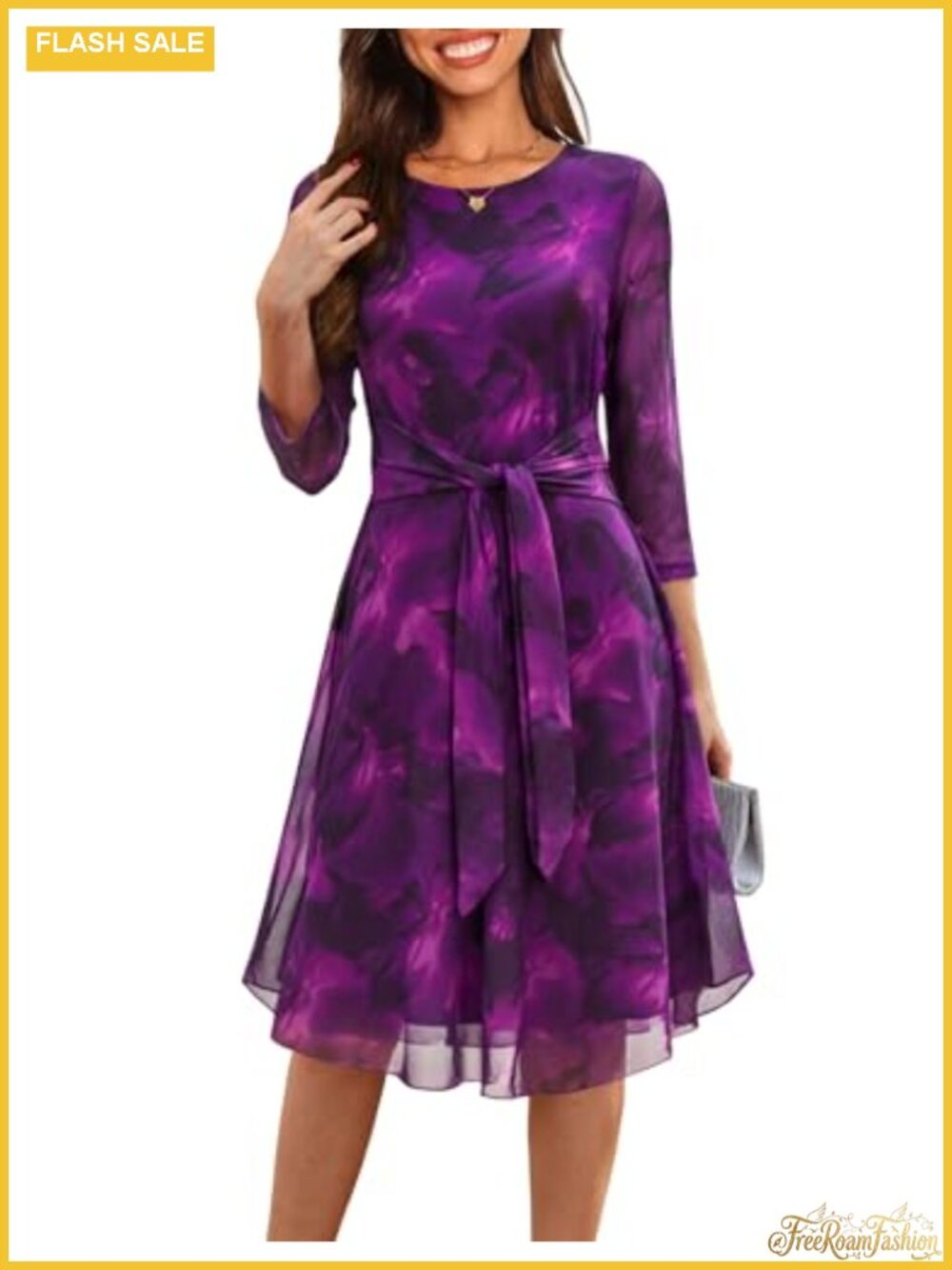Women's Floral Mesh 3/4 Sleeve Midi Dress with Belt - Wedding Guest Cocktail